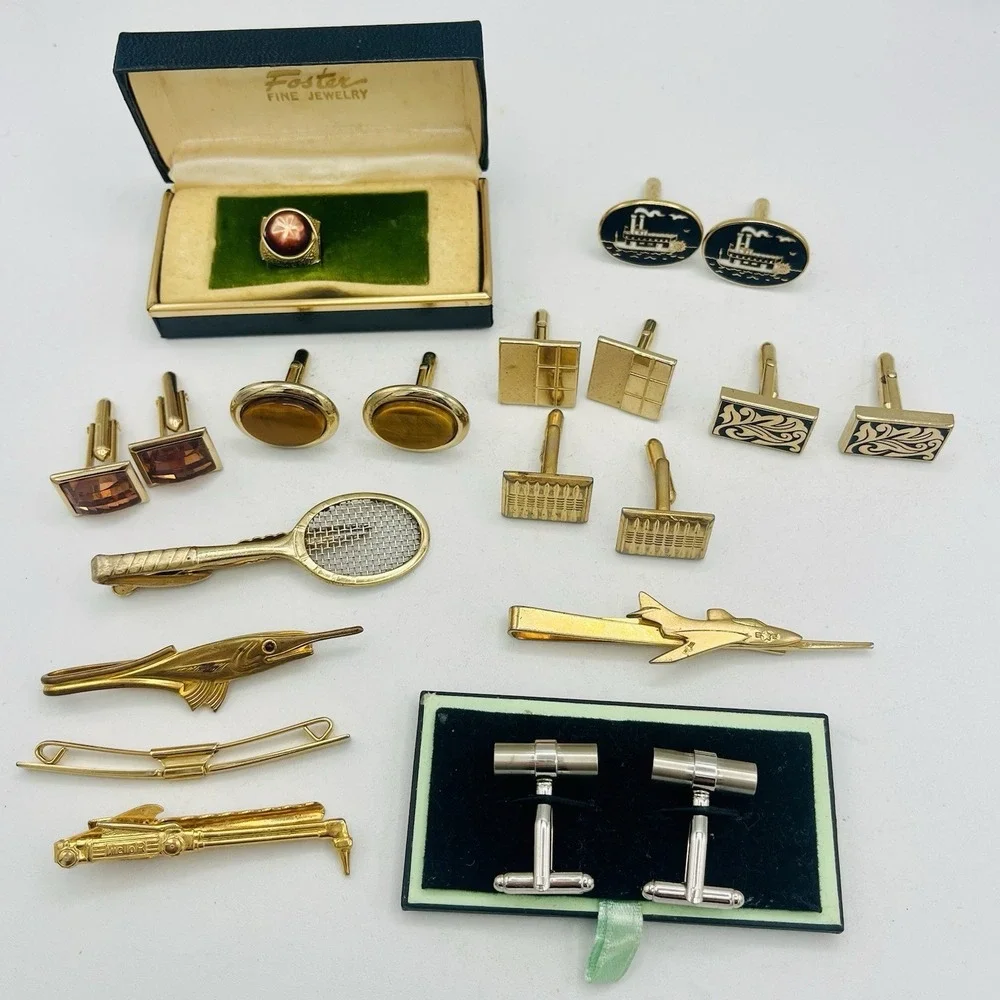 Vintage Gold Silver Tone Cufflinks‎ Tie Clips Lot Hickok Anson Swank